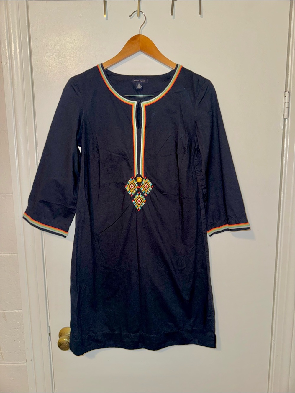 Tommy Hilfiger Navy Cotton Embroidered Tunic Dress with Beaded Detail Small